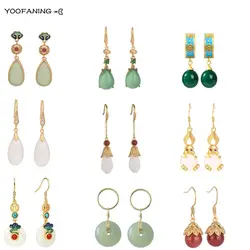 925 Sterling Silver Ear Needle Chinese Wind Hoop Earrings Pendant Jade Enamel Ancient Method Gold Earrings for Women Jewelry