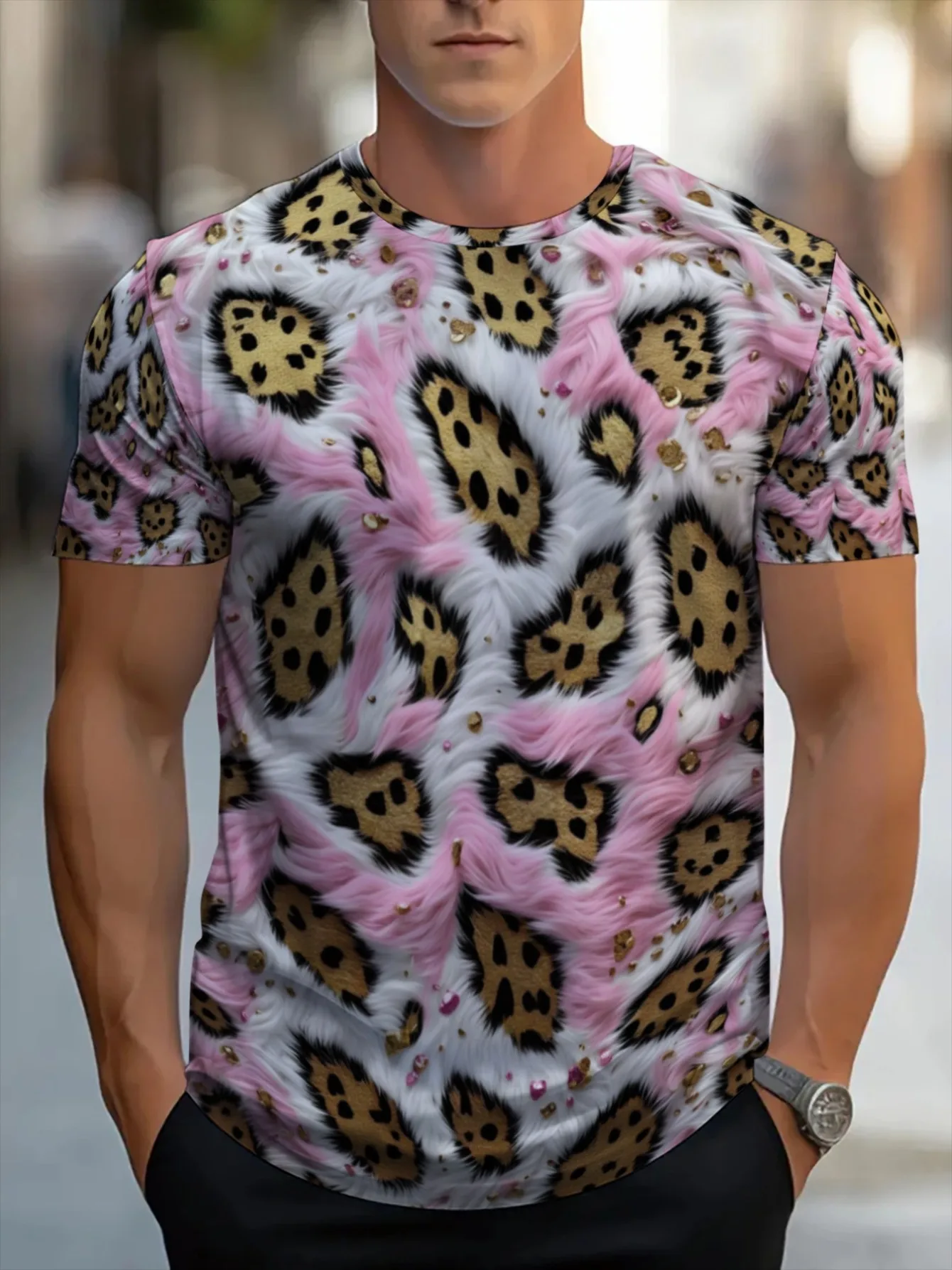 Men Pink White Faux Fur Leopard Print Tee O Neck Short Sleeve Summer Casual Top