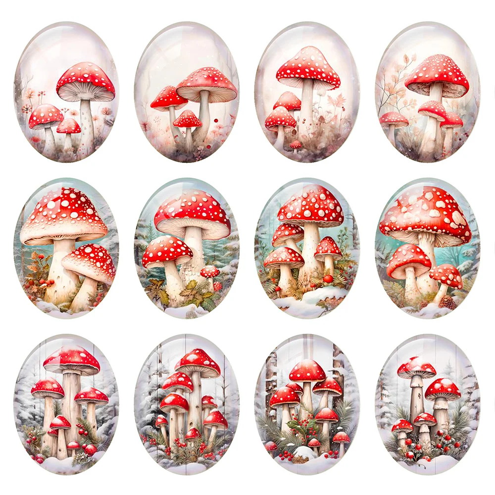 

10pcs/lot Christmas X-mas Cute Red Mushroom Wild Winter Oval Photo Glass Cabochon Flatback Demo Cameo Diy Jewelry Making
