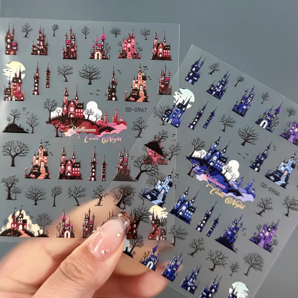 2/1Pcs Gothic Castle&Dark Fantasy Nail Art Stickers 3D-like Medieval Castles Bat Moons&Crowns Nail Decals DIY Halloween Nail Dec