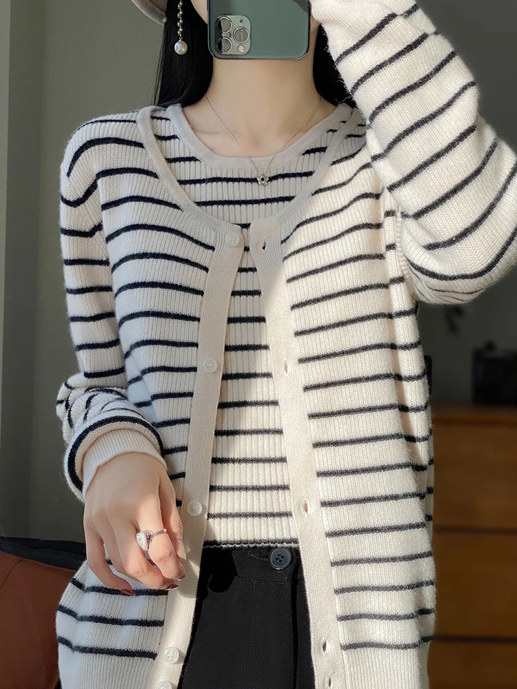 

Women Striped Cashmere Cardigan Vest Suit 100% Merino Wool Sweater High Quality Casual Soft Knitwear Autumn Winter Tops Clothing