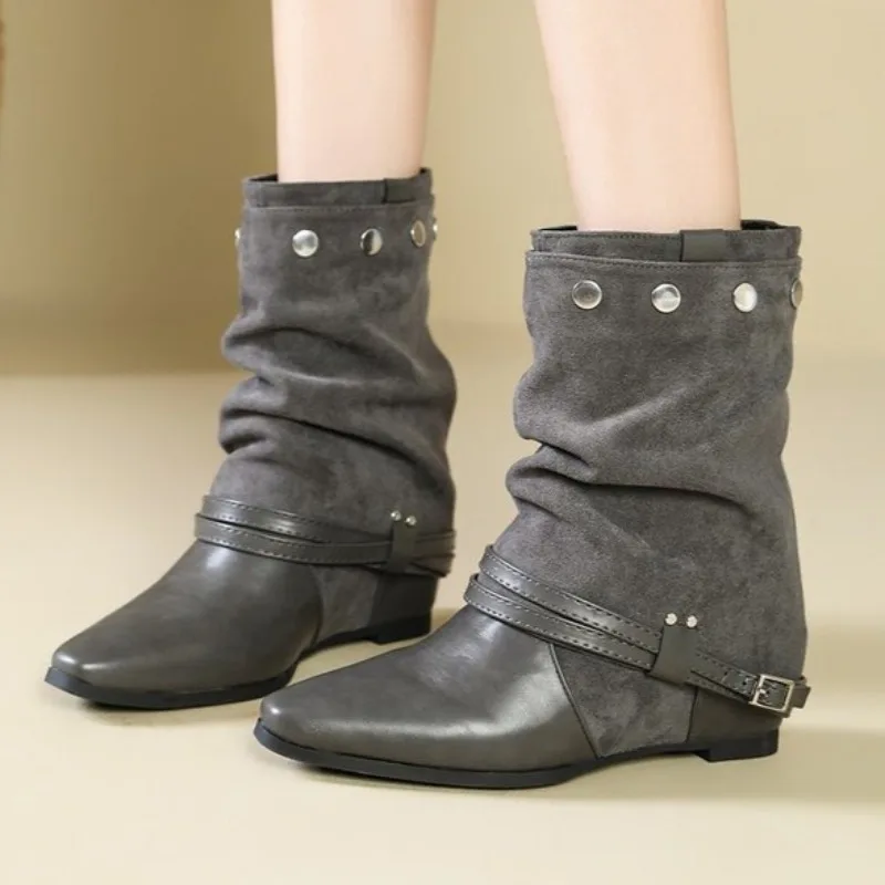 Spring and Autumn Women's Vintage Shoes Color Blocking Mid Boots 2026 New Women Pointed Toe Comfortable Fashionable Mid Boot