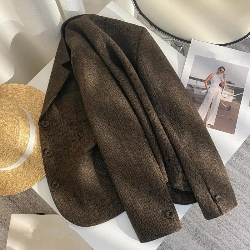 New Brown Herringbone Woolen Blazer Women Spring Autumn Single-breasted Short Suit Jacket Ladies Office Blazers Female Outerwear