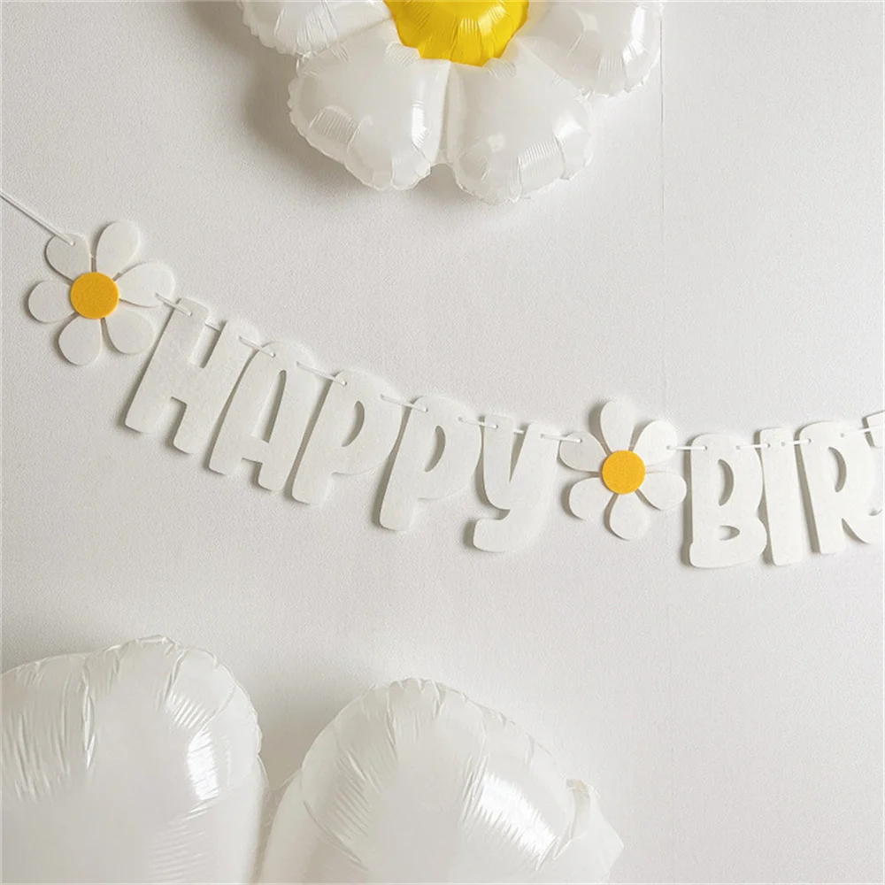 Little Daisy Flower Pull Flag Happy Birthday Party Banner Decorations Baby Shower Kids 1st Birthday Celebration Decor Supplies