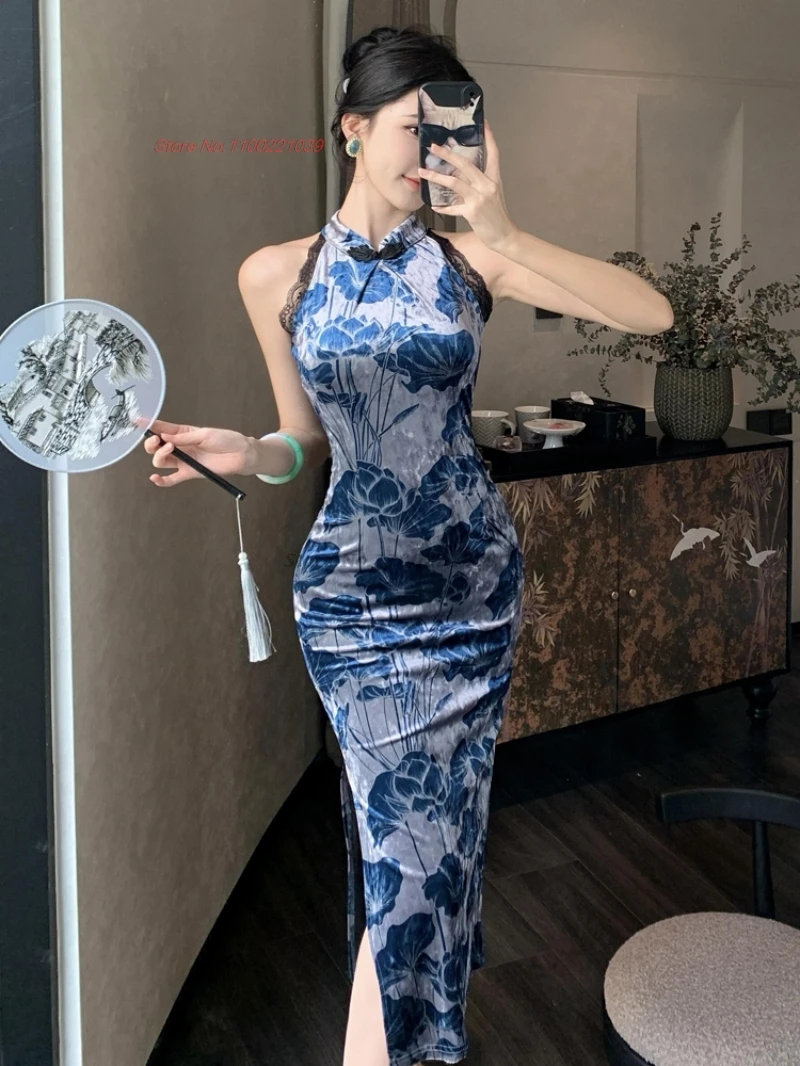 

Сексуальное платье для ночного клуба 2025 года, улучшенное бархатное платье Cheongsam с традиционным цветочным принтом, банкетное вечернее платье Ципао, облегающее платье в стиле ретро