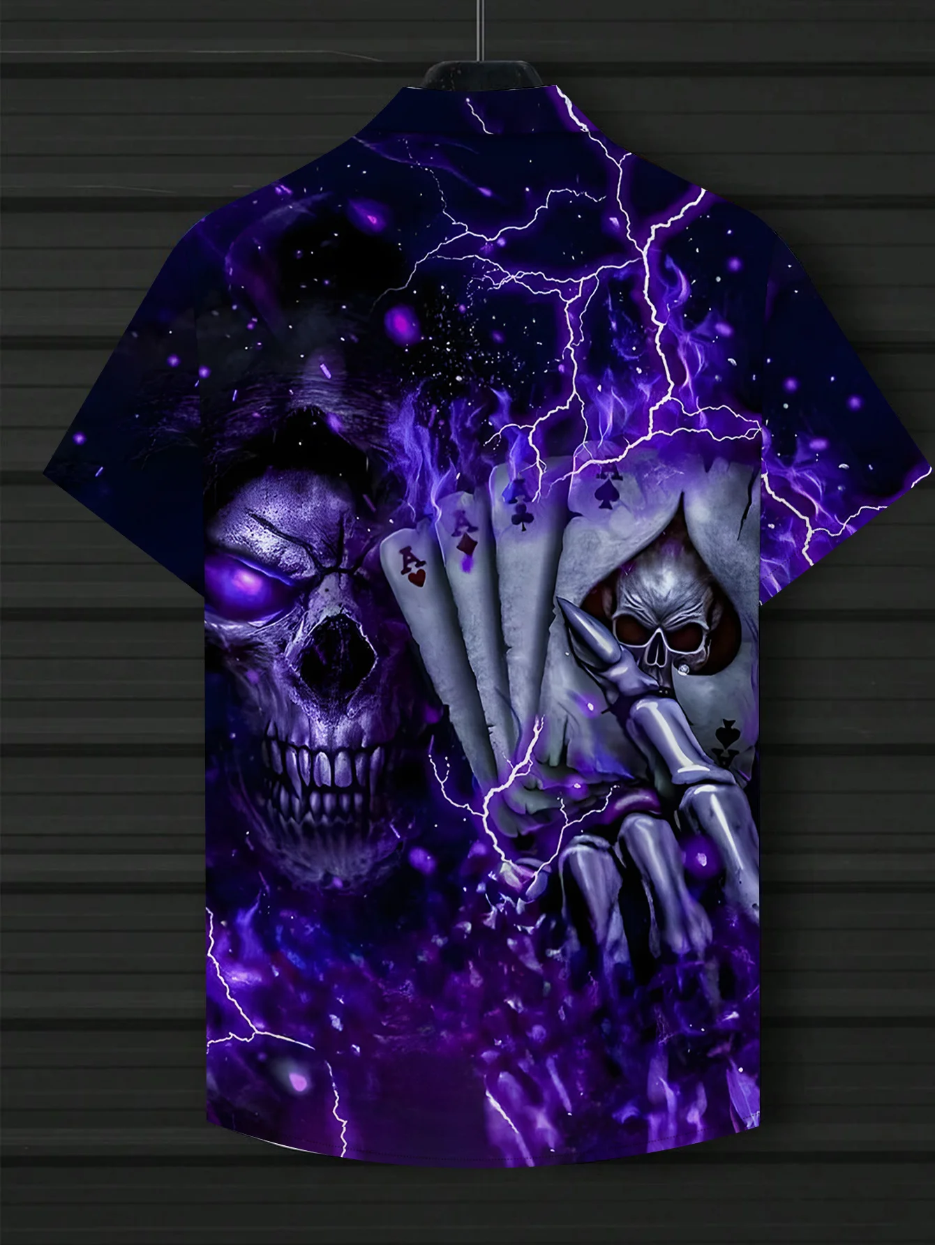Men Halloween Purple Lightning Skull Poker Print Short Sleeve Shirt Lapel Collar Gothic Party Tops