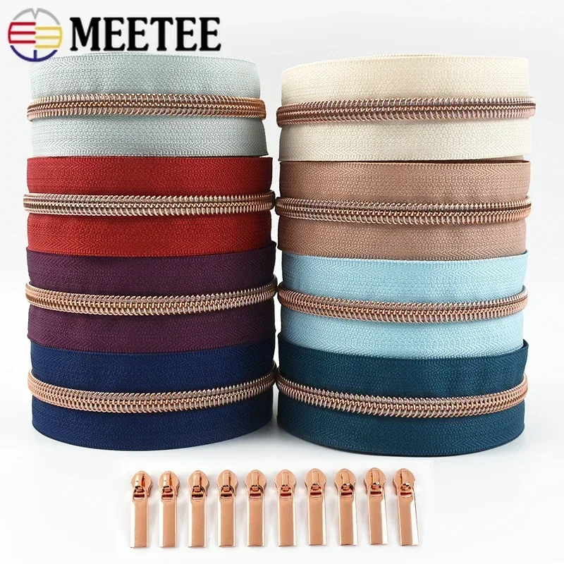 

1-5M 5# RoseGold Nylon Zipper Slider with Zippers By The Meter Bag Sewing Coil Zip Closures Repair Zips Puller Head Accessories