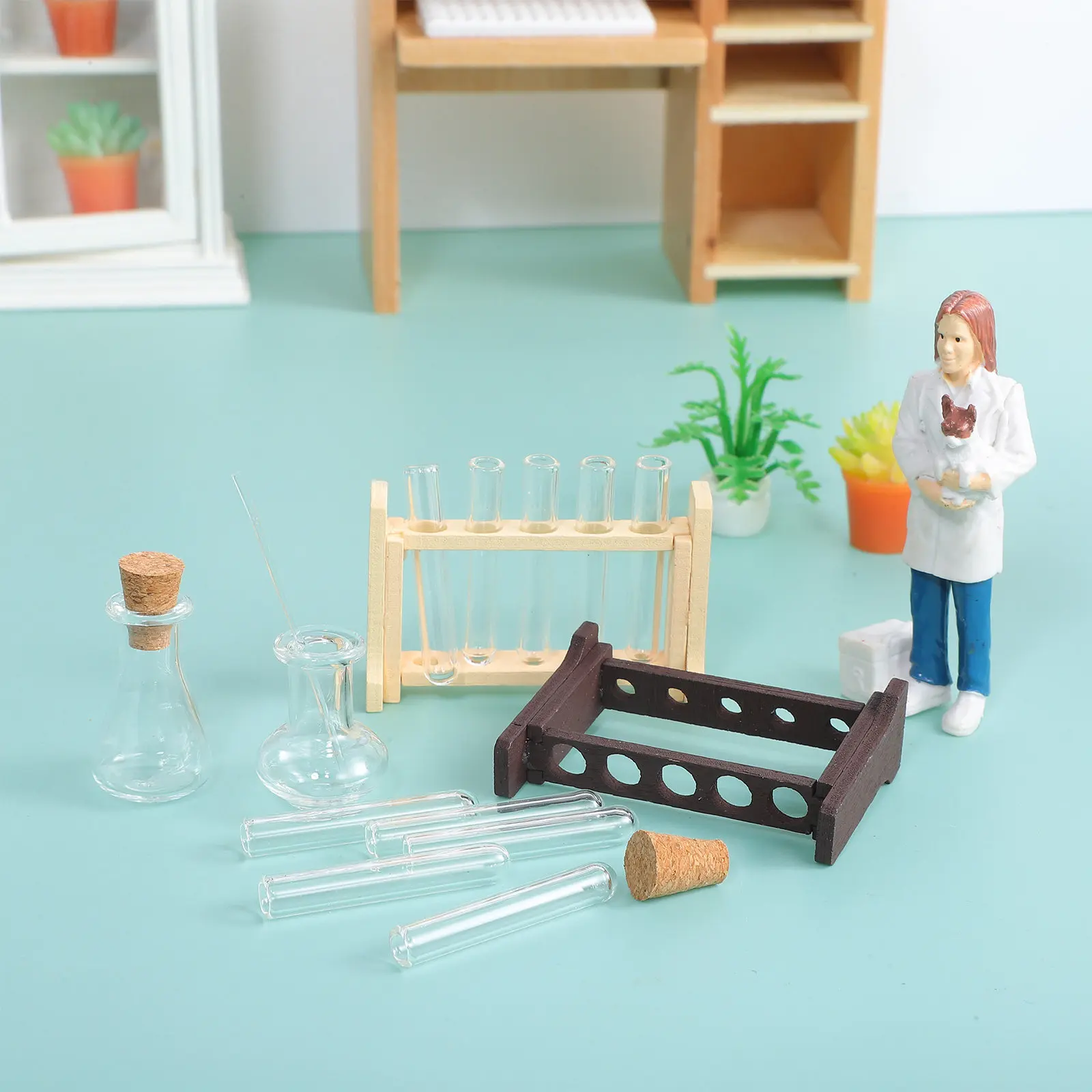 

2Sets Miniature Test Tube Rack Wood Frame Glass Tubes for Mini House Decoration Simulation Science Lab Photo Prop Small Space