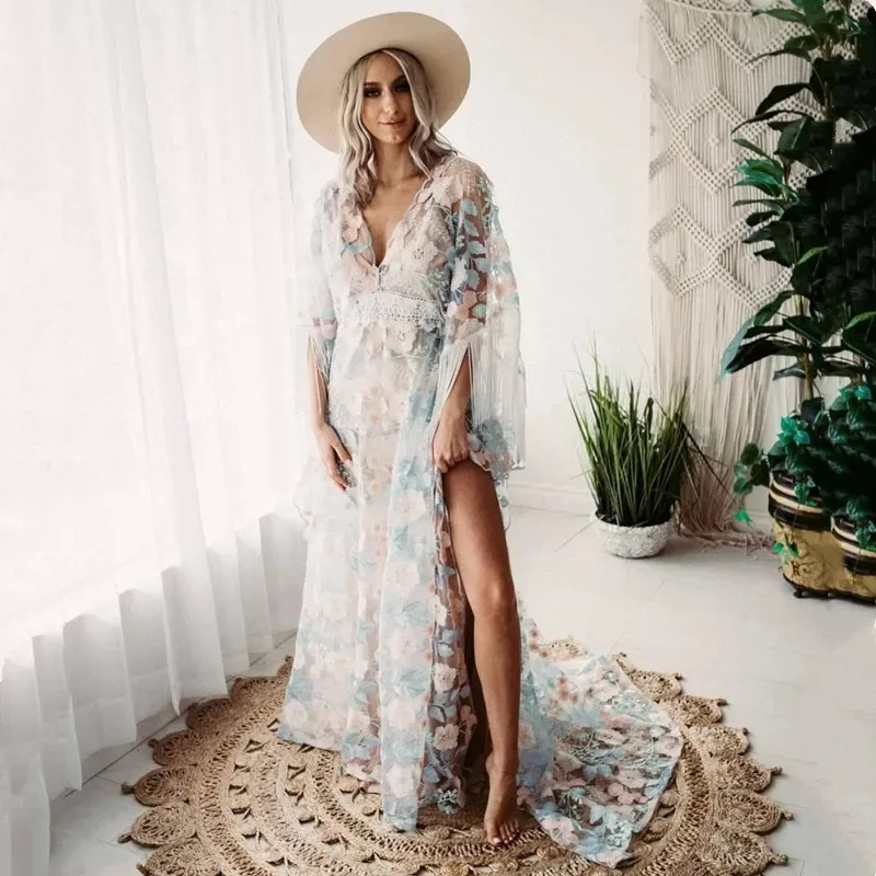 

Embroidery Boho Maternity Dresses For Photography Pregnancy Photo Shoot Bohemian Lace Long Dress