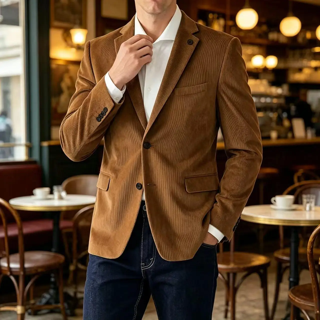 Men's Corduroy Blazer with Elbow Patch Slim Fit Two Button Notch Lapel Sport Coat Tuxedos Formal Business Casual Suit Jacket