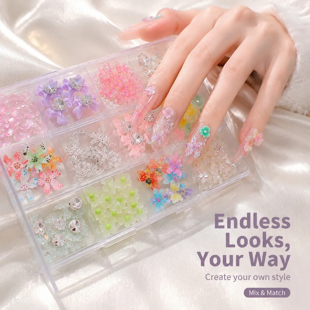 12Grids Multicolor Floral Nail Studs Butterfly Flower Moon Crystal Charms Ladies Daily Nail Decor Accessories