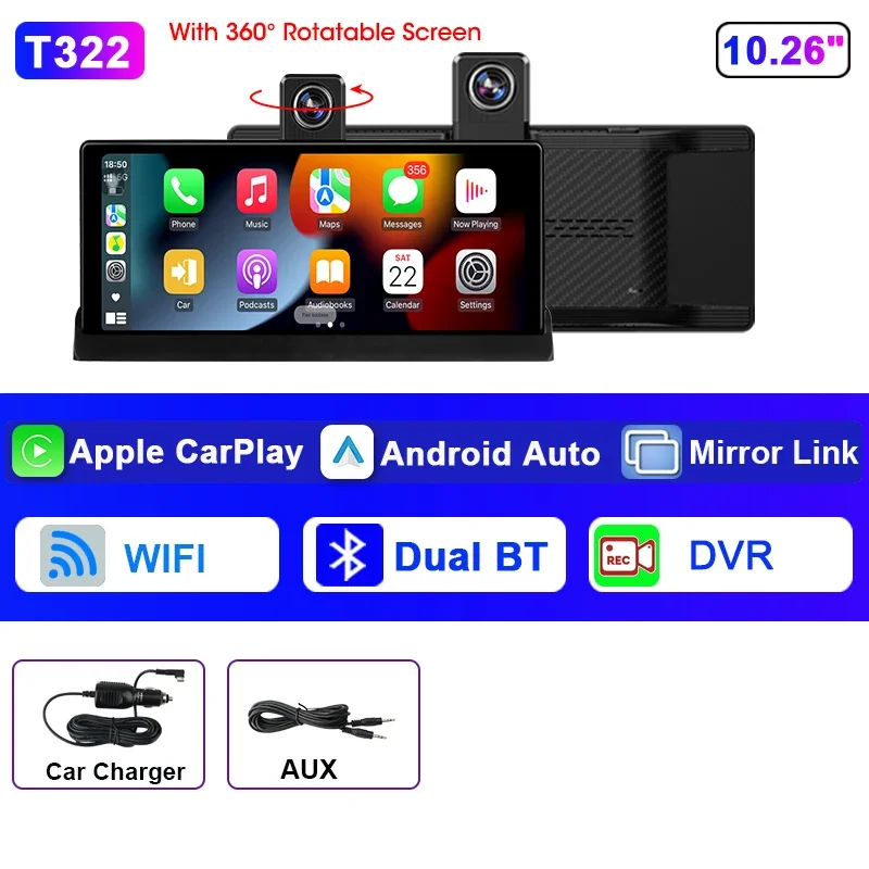 Srnubi 10,26 inch 4K ADAS auto-DVR met 360 °   Rotatie Dash Cam Draadloos Carplay Android Auto Mirror Link BT WIFI AUX FM Dashboard