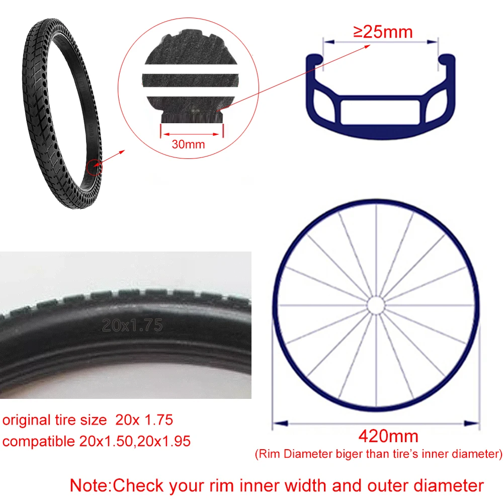 20 Inch Tyre 20*1.75 Non Inflation Bicycle Tire 20 in Explosion-Proof MTB Bike Solid Bicycle Tyre