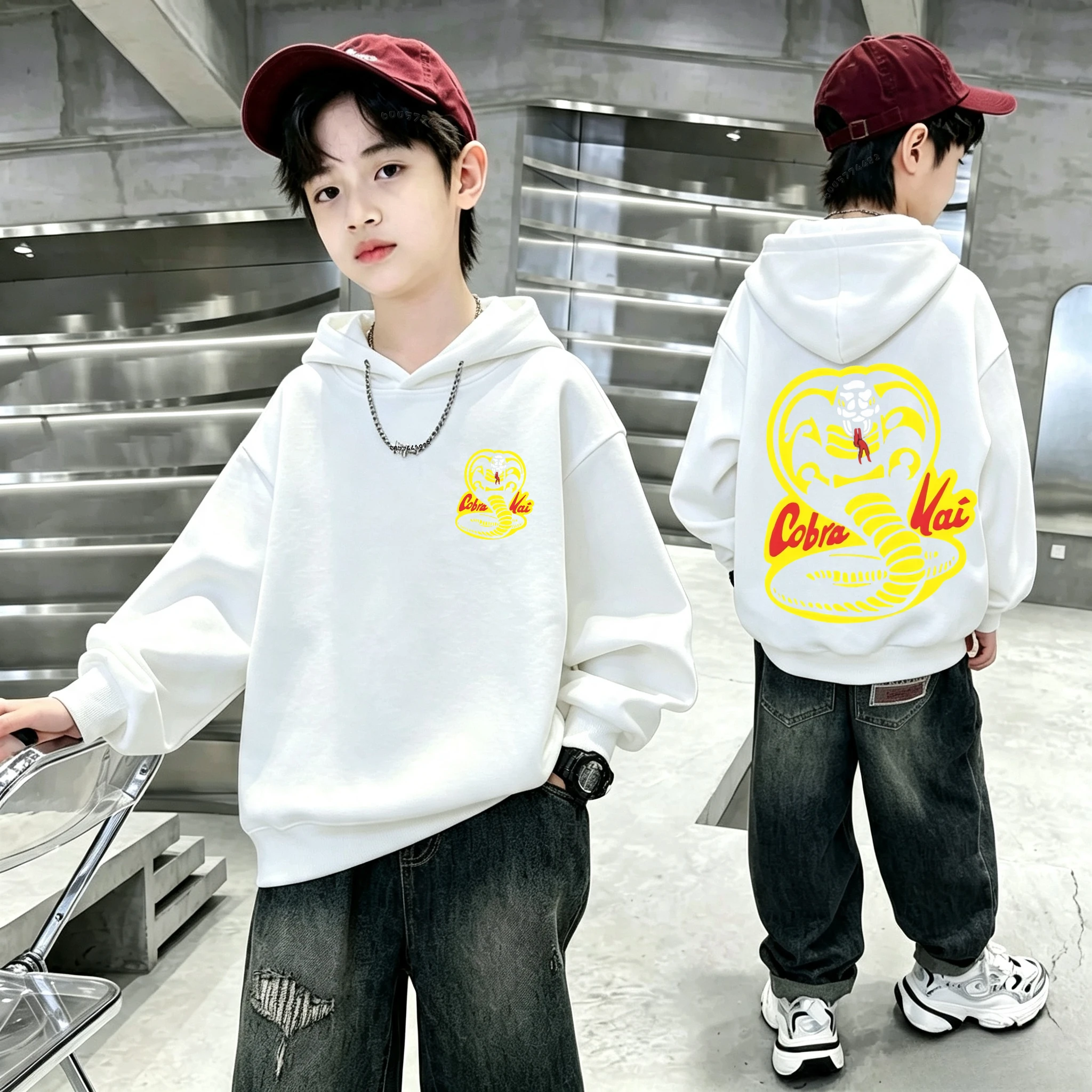 Autumn/Winter Snake-shaped Cartoon Print Children's Hooded Sweatshirt, Harajuku Casual Style, Loose Fitted Hooded Sweater