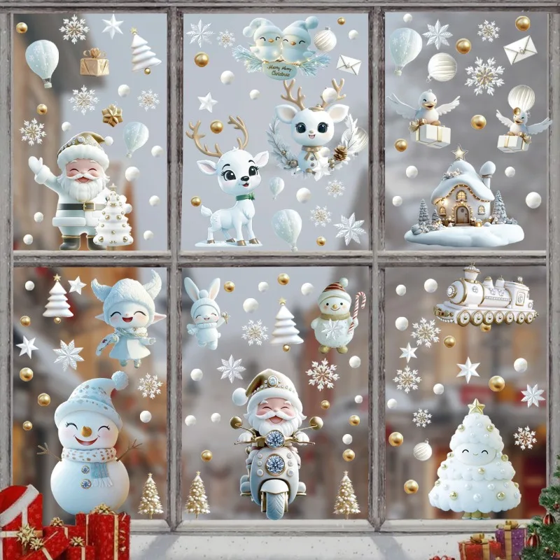 9 Sheets Reusable Christmas Window Stickers - White & Golden Snowflake, Santa Claus, Reindeer,and Tree Designs, Static Cling PVC