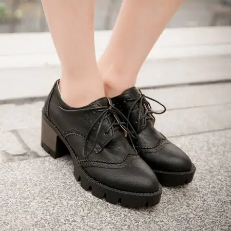 2024 Autumn Women Oxford Lace Up Shoes Vintage Round Toe Women Ankle Boots England Style High Heels Ladies Chaussure Femme 42 43