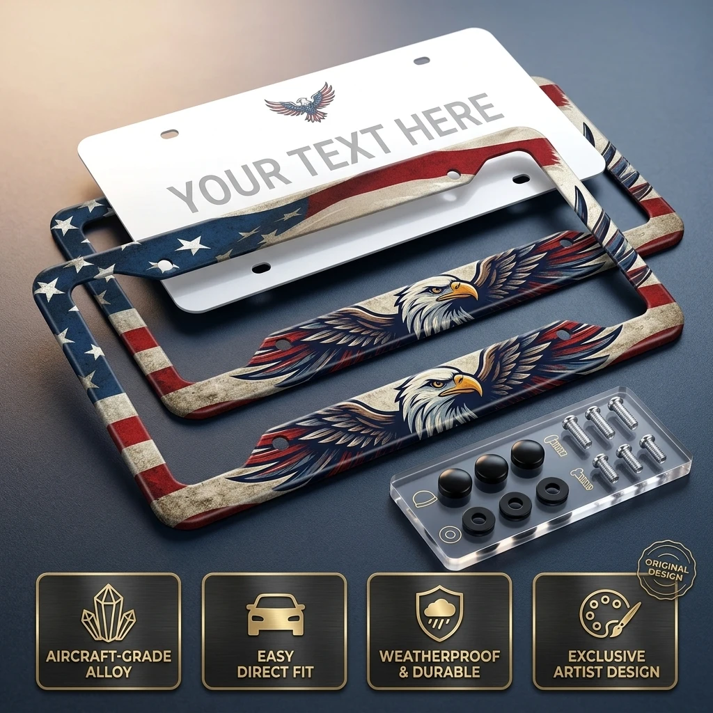 Universal Eagle Pattern Car License Plate Frame Aluminum Alloy Protection Frame For Car SUV Truck Van Auto Front Rear License Plate Holder Cover Rustproof Durable Direct Fit Easy Install Car Accessories Auto Styling OEM Replacement Part With Screws Kit