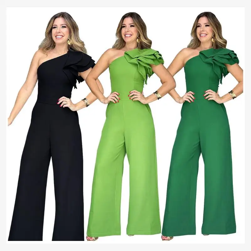 

Faionable Women's High Waist Jumpsuit with Ruffle oulder Long Pants Straight Leg Spring Summer Autumn High Waist Jumpsuit