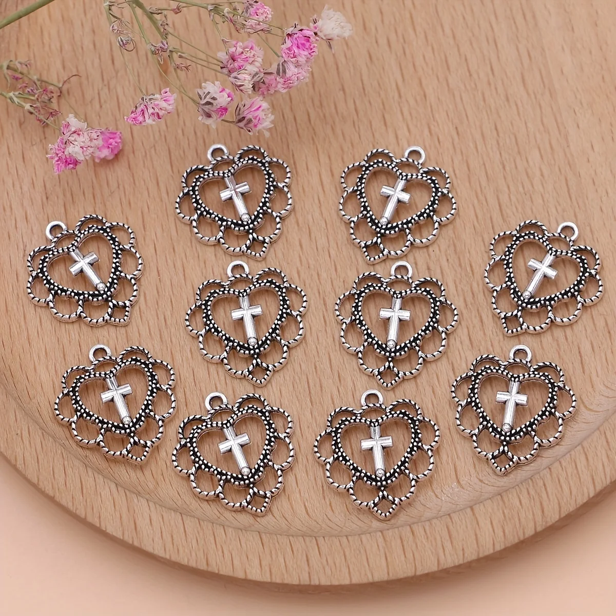 10/20/50Pcs Silvery Hollowed Out Heart Charms Cross Pendants For Jewelry Making DIY Handmade Necklace Earrings Accessories