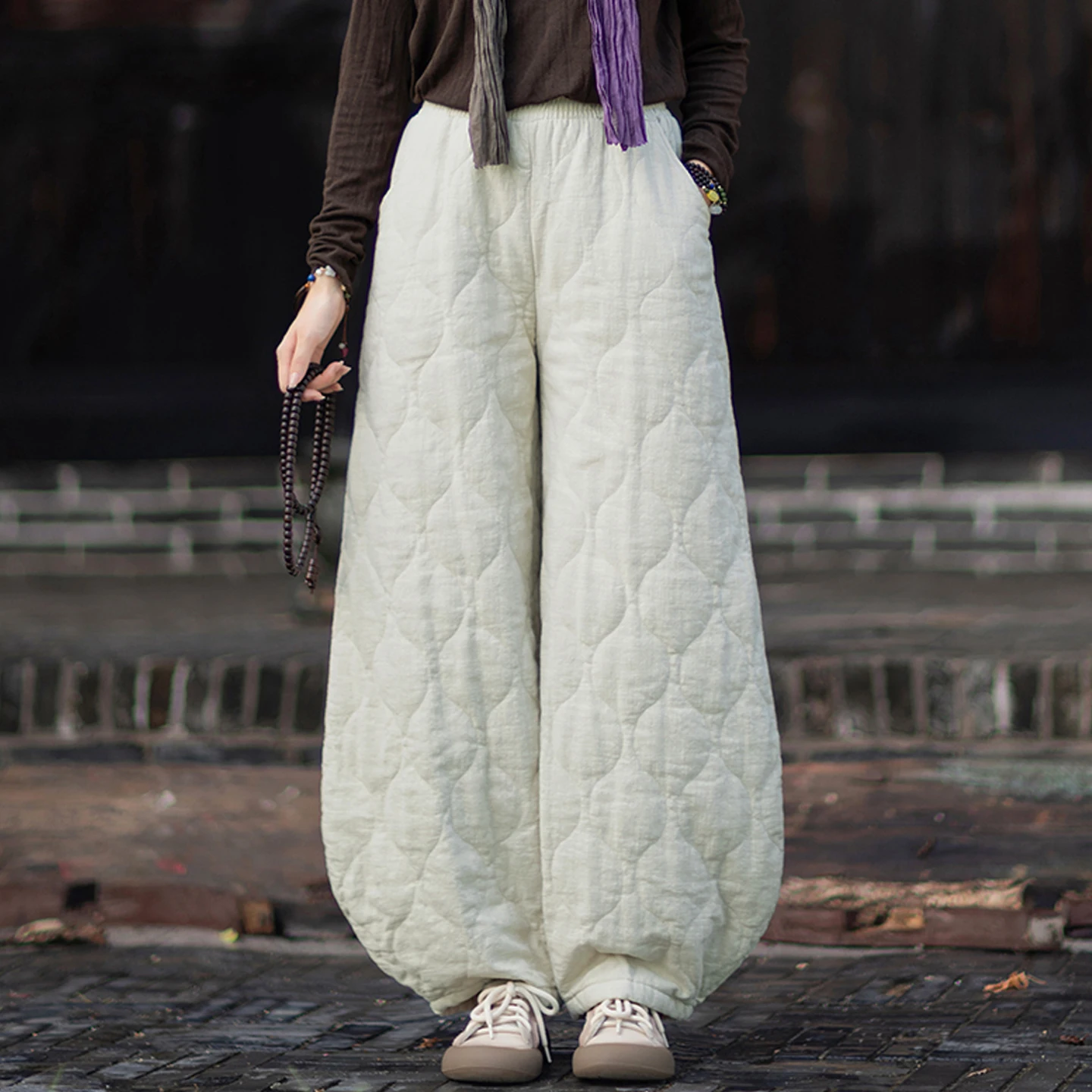 Warme, mit Baumwolle gepolsterte, leichte Damenhose mit hoher Taille, Herbst-Winter-Outdoor-Bekleidung, Baumwoll-Leinen-Mischung, bequeme Passform