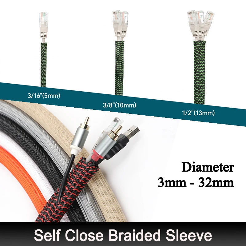 New Self Closed Braided Sleeves Dia. 3mm ~ 32mm Expandable PET Split Loom Wrap Protector Car Wire Harness Cable Organizer