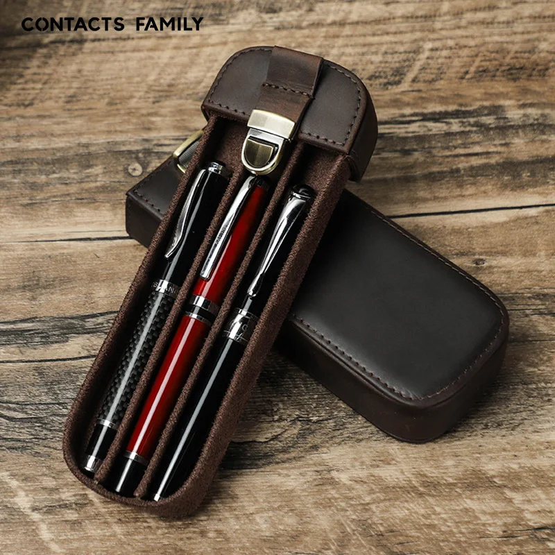 حافظة أقلام جلدية من ريترو وايلد هورس - مصنوعة يدويًا مع آلية قفل، صندوق تخزين أقلام السفر المكتبي من نوع الدرج #1