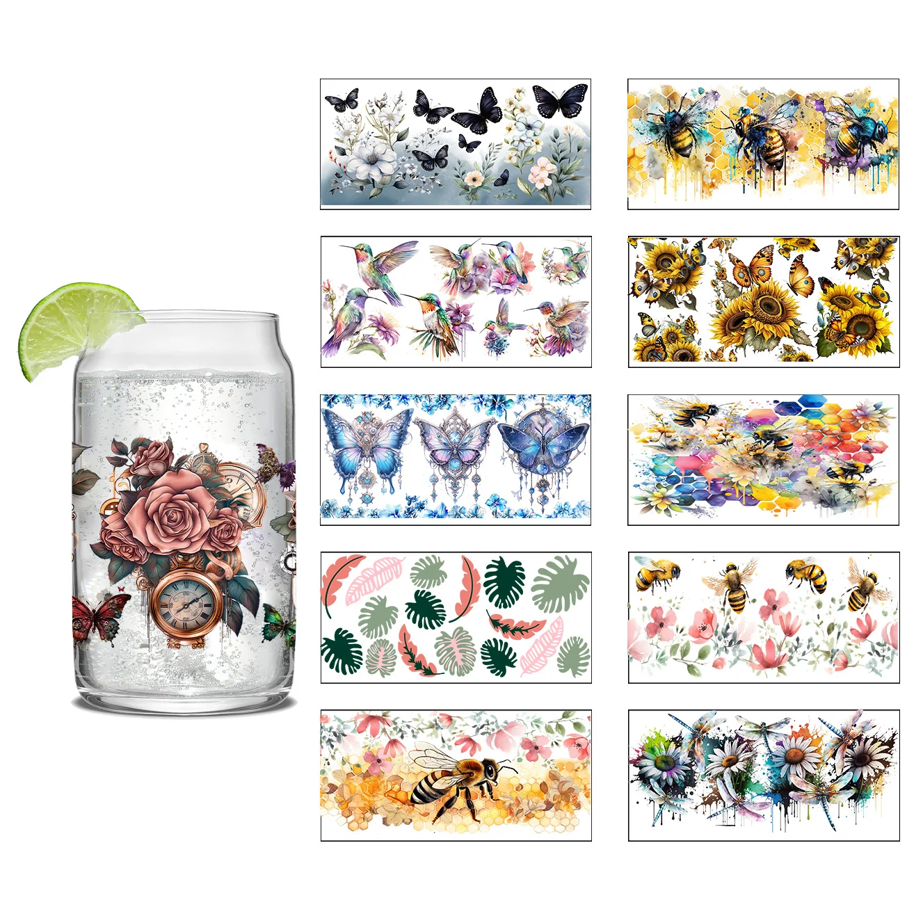 

Bees and butterflie Series easy peel waterproof DIY Decals Retro Beauty 3D transfers uvdtf crystal sticker 16oz uv dtf cup wraps