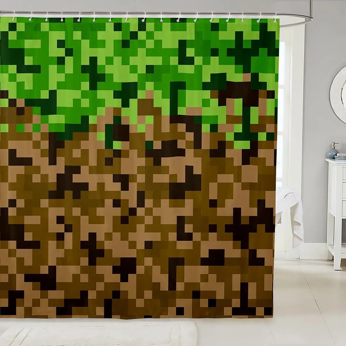 Miner Style Square Grid Shower Curtain,Brown Green Army Camo Bathroom Curtain for Kids Boys Teens Men Room Decor,Cartoon Gamepad