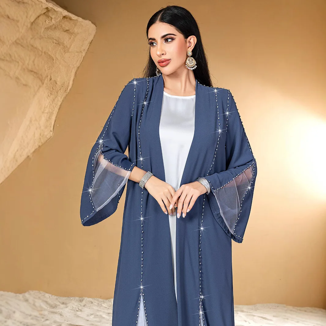 Femmes gris bleu décontracté à la mode en vrac élégant diamant à manches longues Cardigan Abaya femme vêtements moyen-orient musulman nouvelle mode