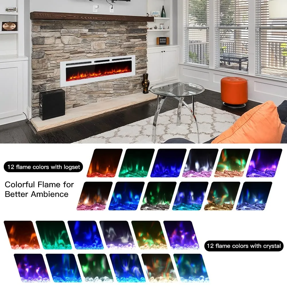 50 inch Electric Fireplace, Recessed/Wall Mounted Electric Fireplace Heater, Floating Fireplace with 12 LED Colors,1500W/750W