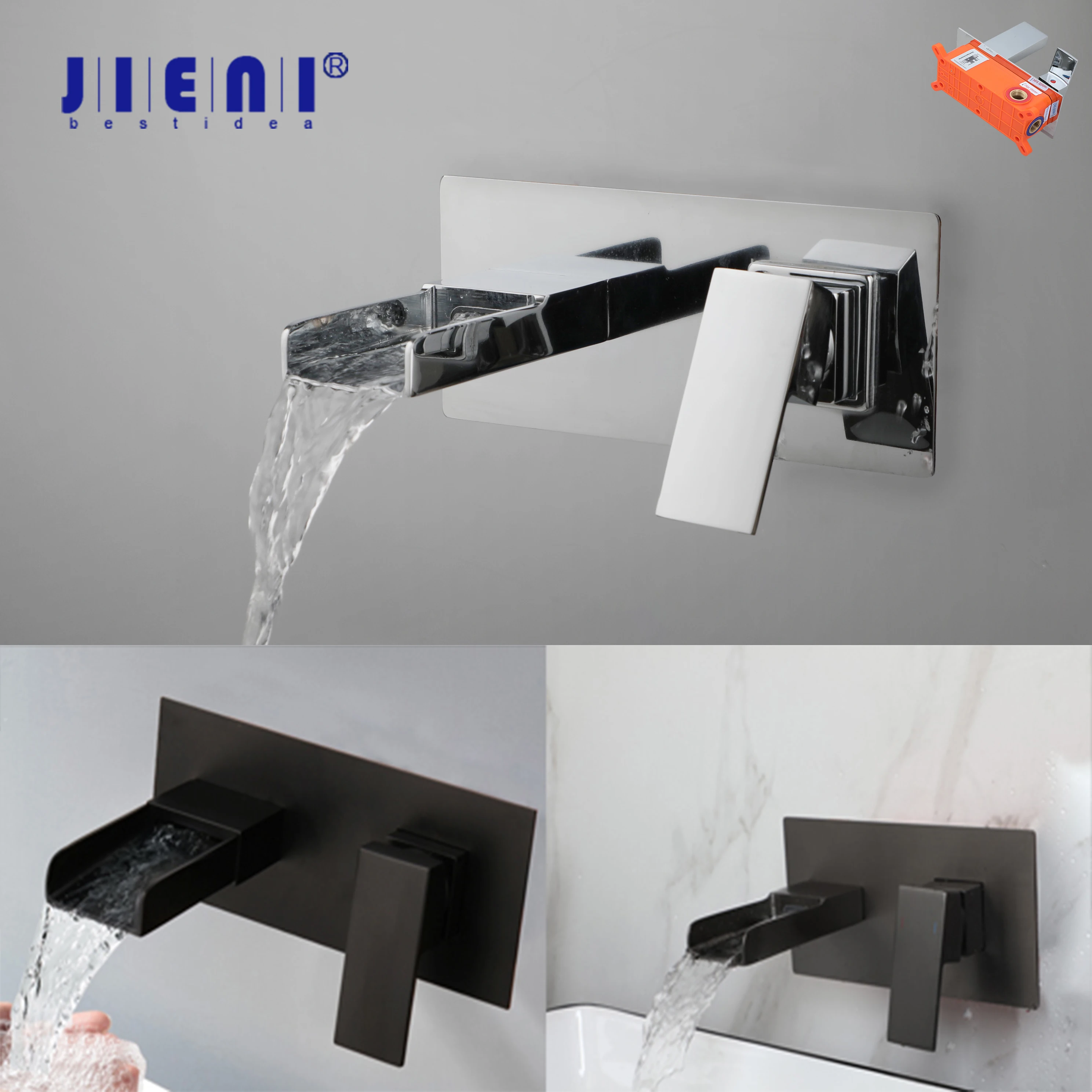 

JIENI хромированный смеситель для наполнения ванны, водопад, настенные смесители для умывальника, смеситель для раковины с одной ручкой и встроенной коробкой