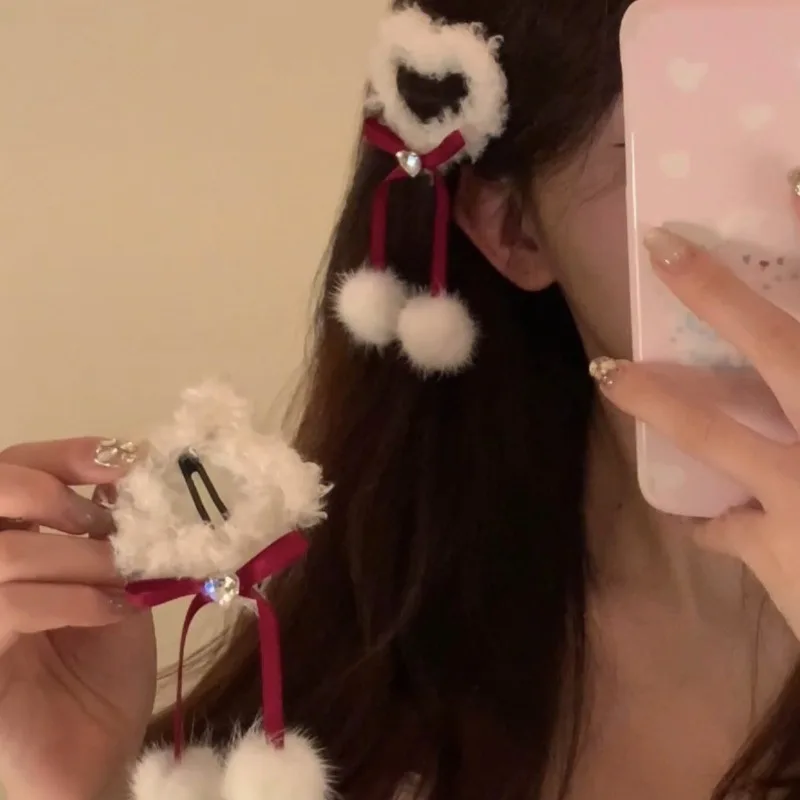 Cute Star Love Plush Hair Clip New Snowball Ribbon Hair Clip New Year Christmas Celebration Hair Accessories