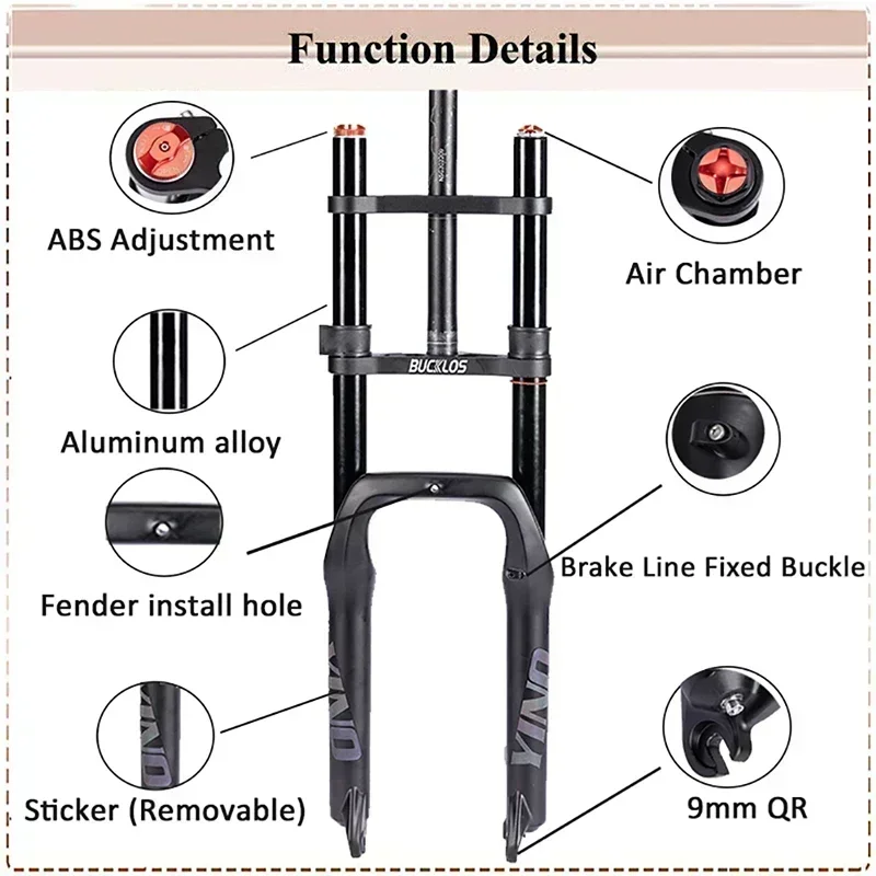 BUCKLOS 20*4.0 Fat Bike Air Fork Single/Double Shoulder 20inch Suspension Fork Disc Brake 9*135mm Snow Front Fork Bicycle Parts