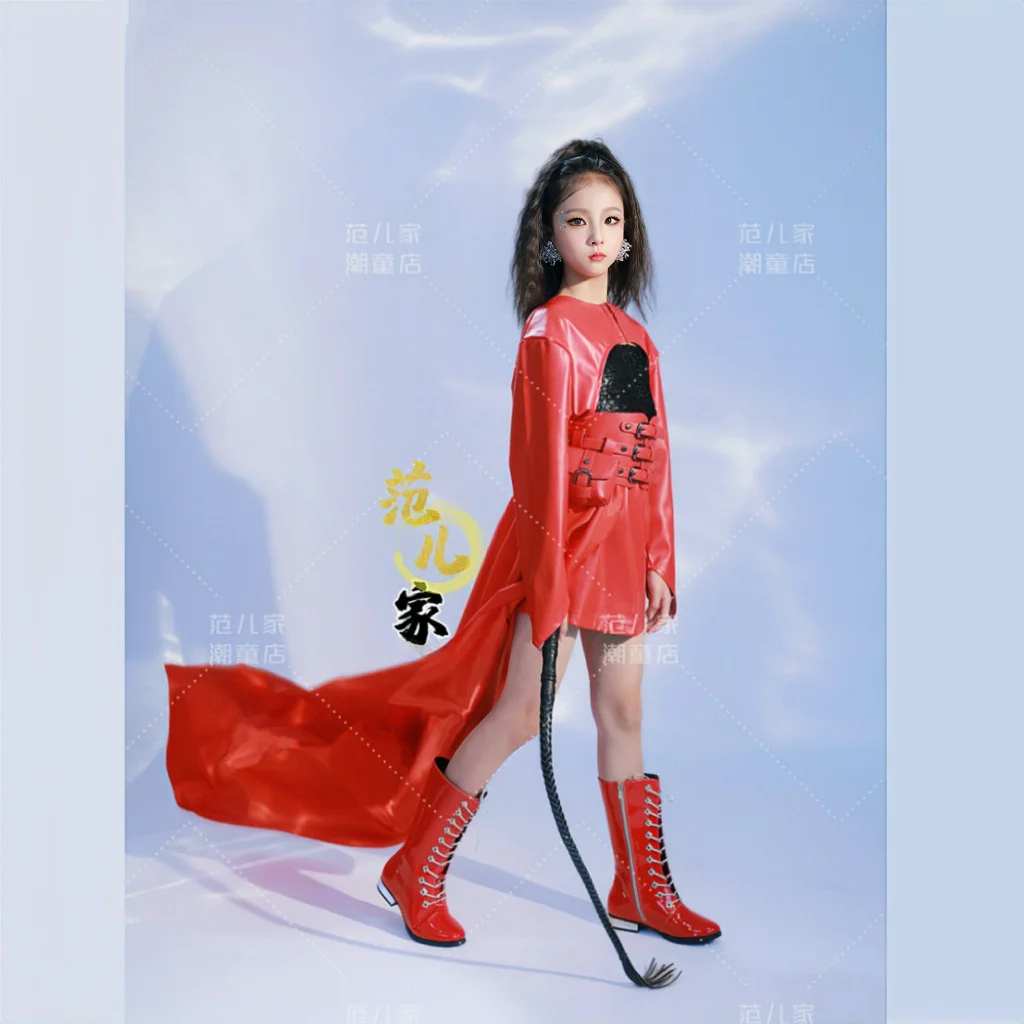 Roter Kinderanzug Mädchen Kpop Outfit Partykleid für Kinder Hip Hop Street Dance Ballkleider Jazz Dance Performance Anzug Bühnenshow