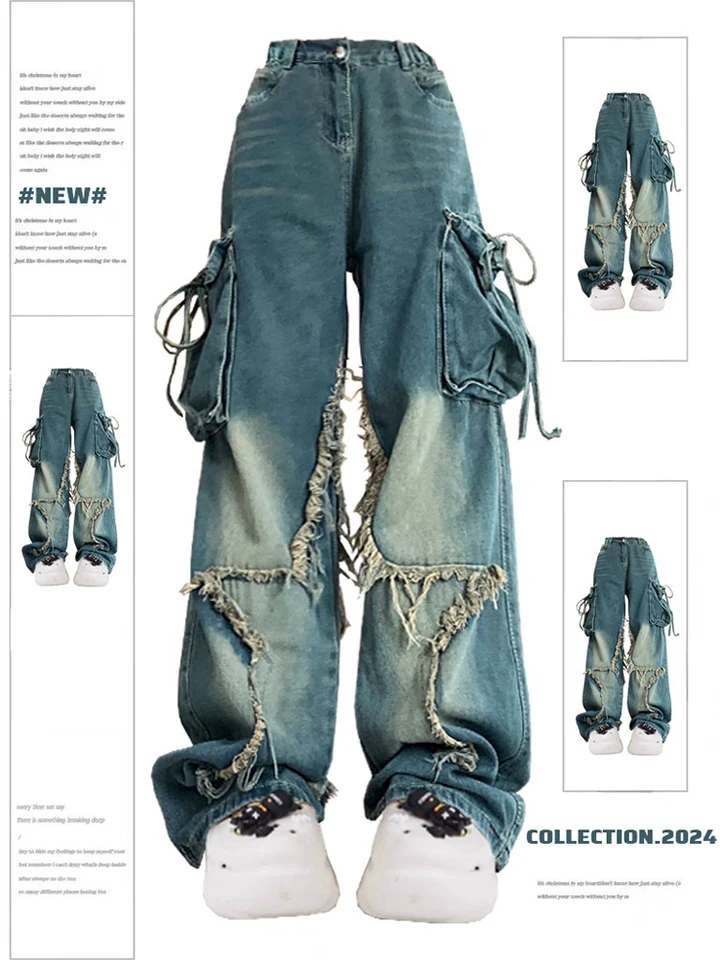 Women Blue Cargo Jeans Baggy Vintage 90s Aesthetic High Waist