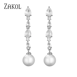 ZAKOL Luxury Water Drop Long Tassel Dangle Earrings for Women Charm Round Pearls Earring Bridal Wedding Jewelry EP5282