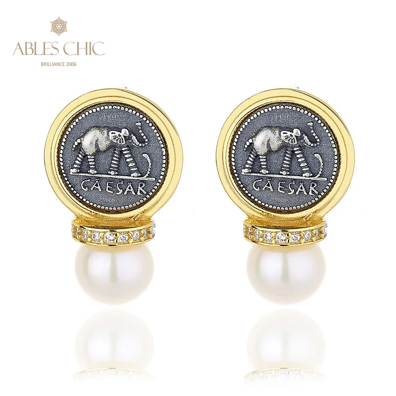 

Ables Chic Caesar's conquest Greek Coins Solid 925 Silver Roman Coin Freshwater Pearl Stud Earrings E1009