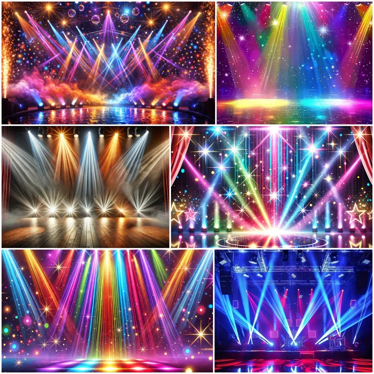 Farbenfrohe Bühnenbeleuchtung Party-Dekoration Hintergrund Regenbogen-Scheinwerfer Banner Discokugel Fotografie-Hintergrund Konzert-Event-Requisite