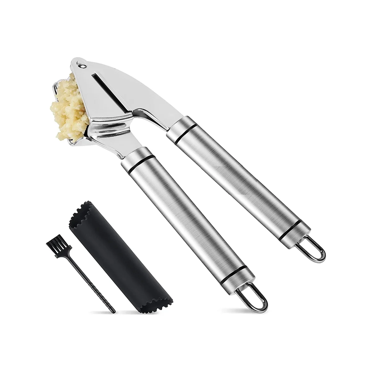 

Press Stainless Steel Mincer and Crusher with Silicone Roller Peeler. Rust Proof, Easy Squeeze, Dishwasher Safe