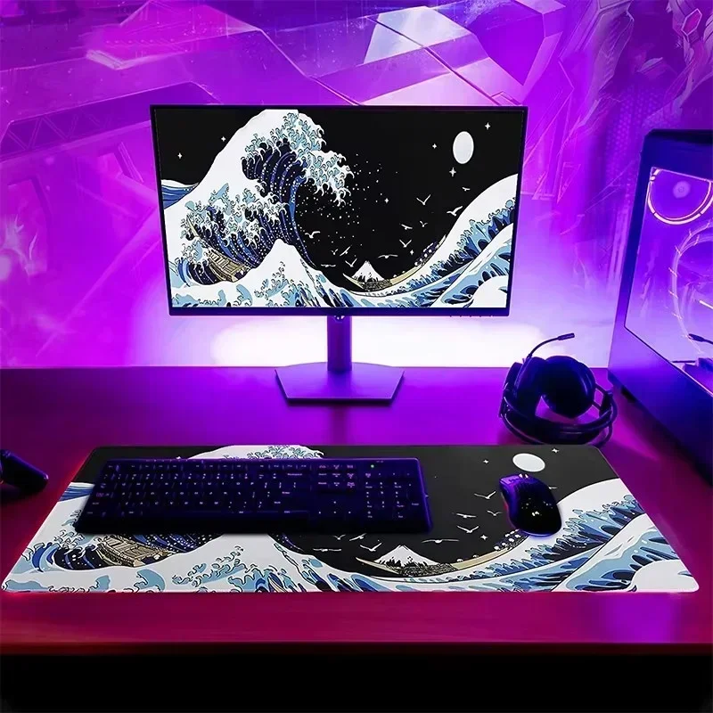 QIANKONG-Black Great Wave Mouse Pad, XL Mousepad, Pad de teclado mecânico, antiderrapante tapete grande, borracha natural, XXL