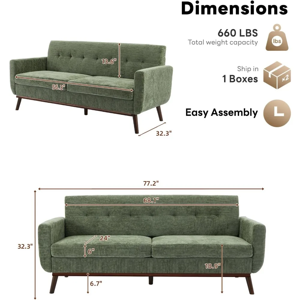 أريكة بمقعدين حديثة لمنتصف القرن لغرفة المعيشة، منجد بأزرار، مقاس صغير، 77.2 وات، أرائك ديكور حديثة #2