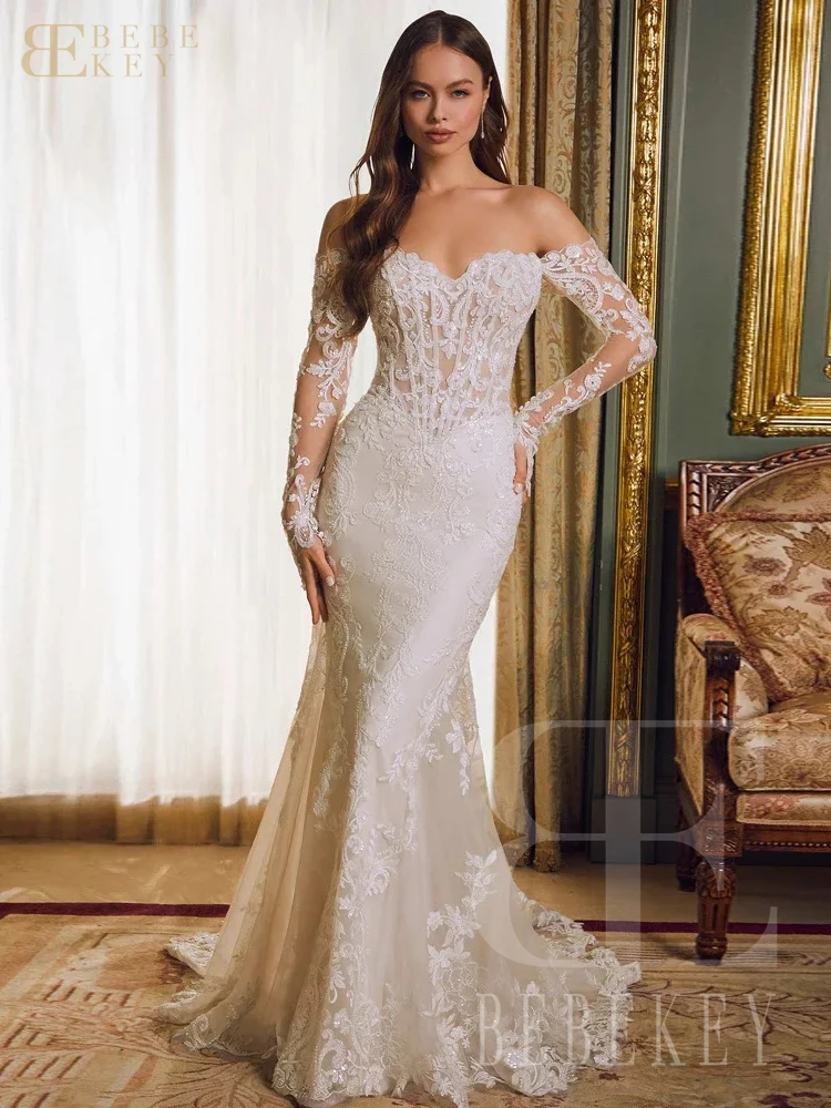 BEBEKEY Gorgeous Lace Wedding Dress Customized Off Shoulder Formal Party Gown Mermaid Bridal Gown vestidos de novia image 4
