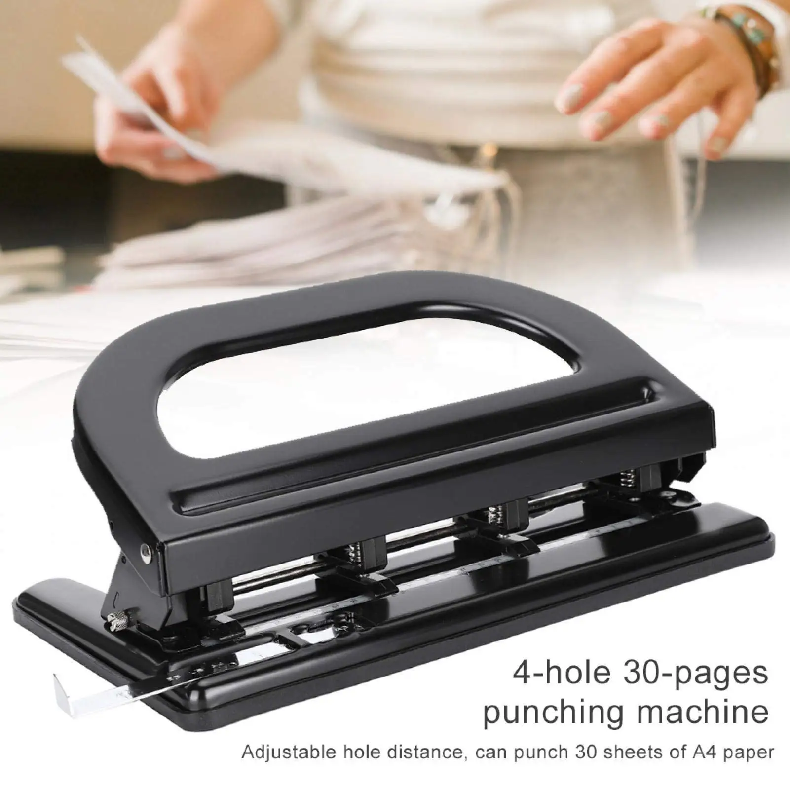 

1Pc 4 Hole Paper Puncher Desktop Black Adjustable Heavy Duty Manual Punching Tool 10/30 Sheet Capacity Home Office Supplies