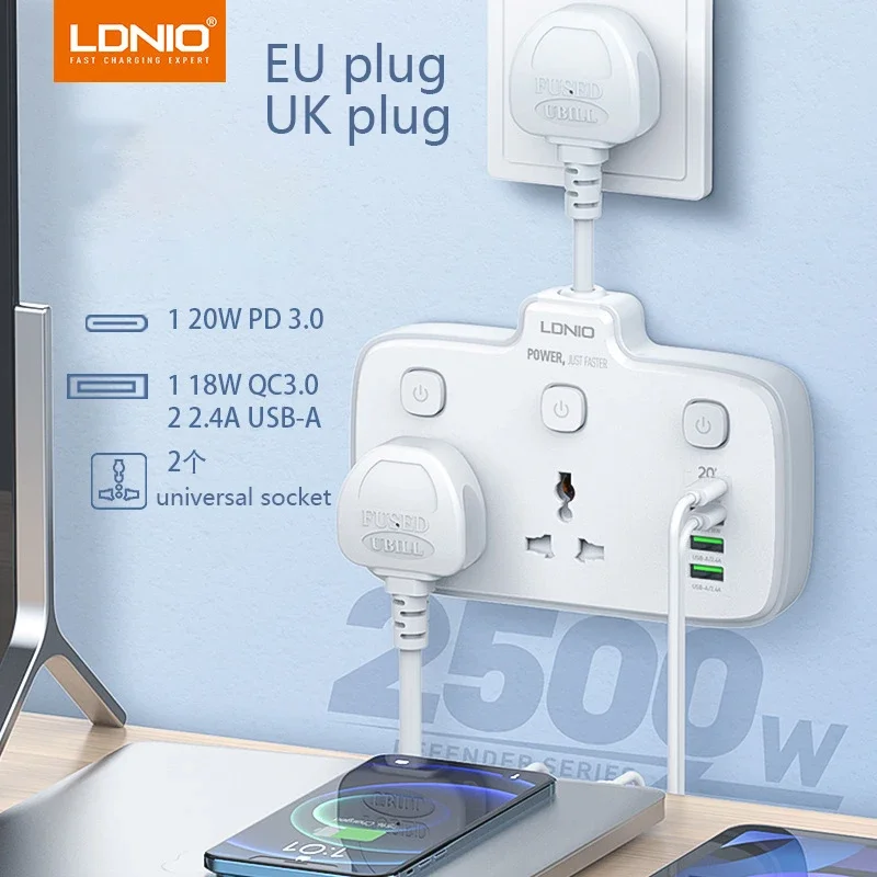 

UK EU Plug Electrical Sockets with 20W PD QC USB Type-C Ports Fast Charging Power Strip Double Universal Outlets Network Filter