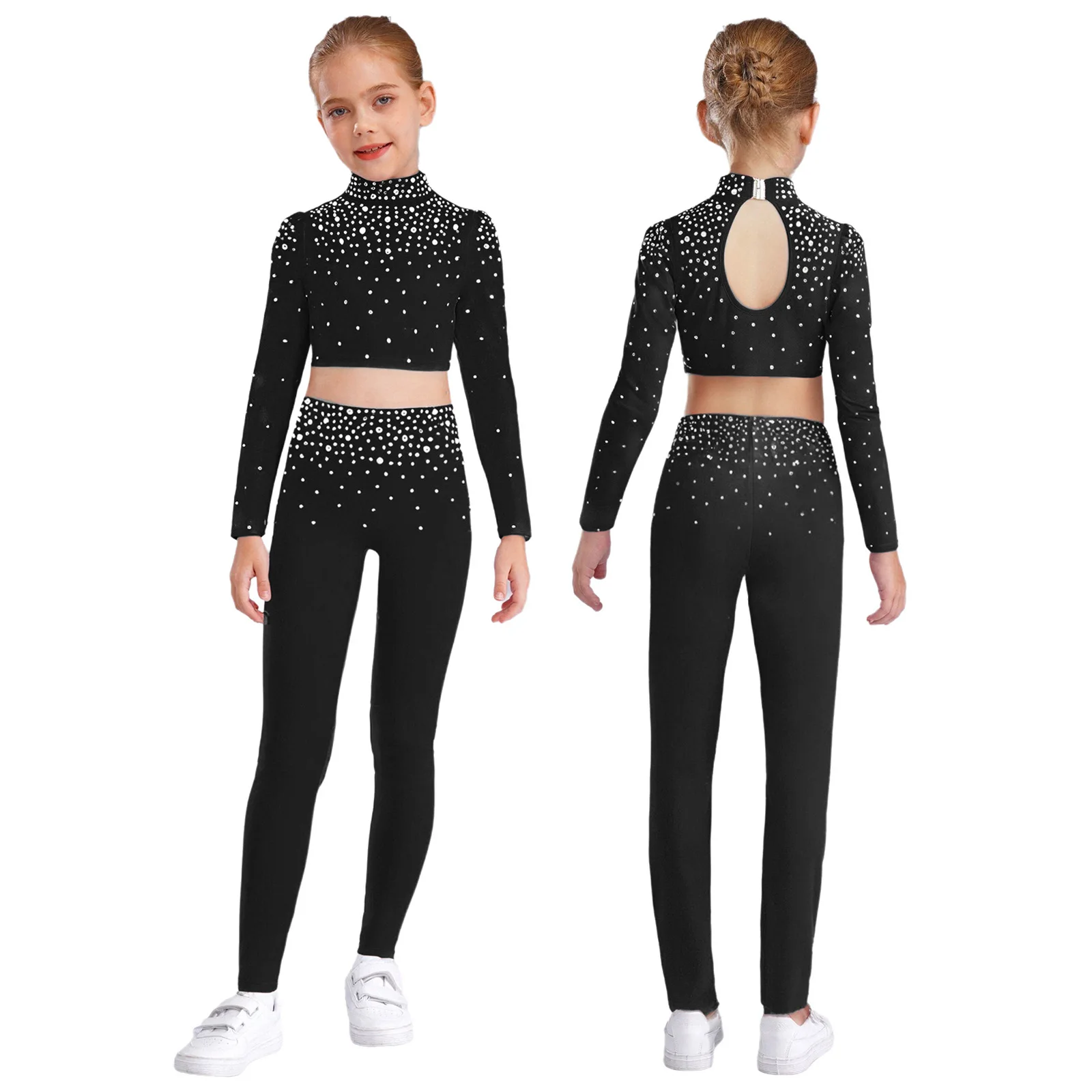 

Girls Gymnastics Jazz Dance Stage Performance Costume Long Sleeve Rhinestones Crop Top with Pants Acrobatic Skating Dance Sets