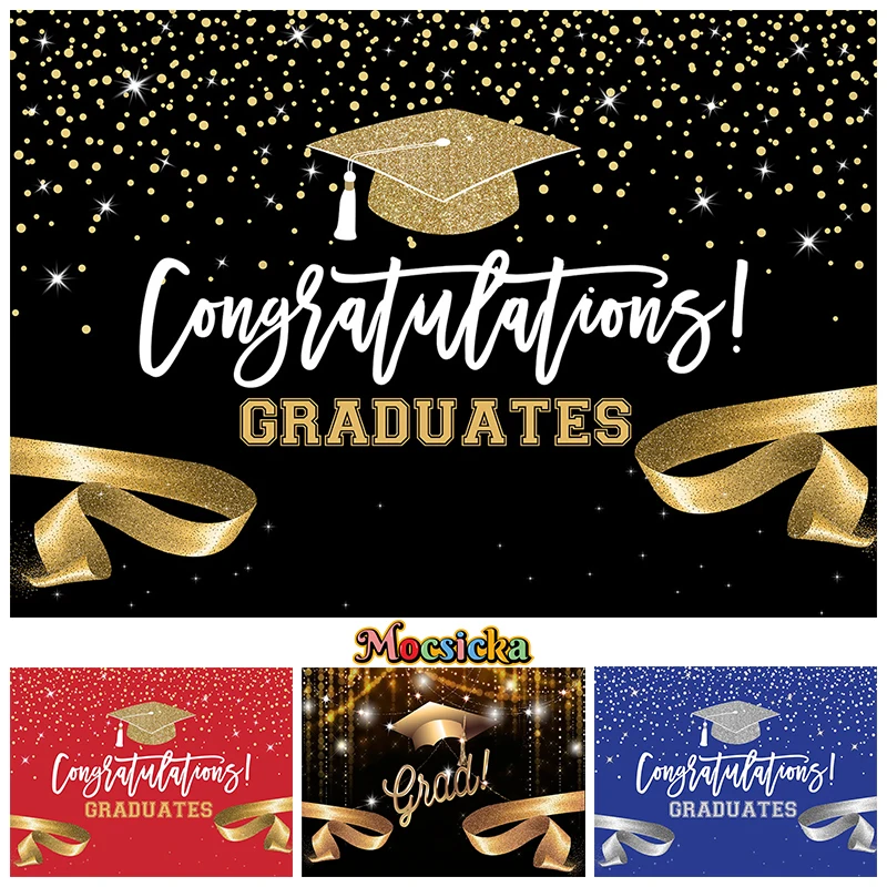 

Congratulations 2025 Graduation Party Background Photography Gold Bachelor Cap Red Blue Black Backdrop Decor Poster Photo Studio