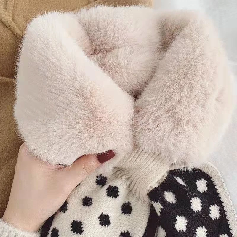 Winter Keep Warm Faux Fur Scarf for Women Scarves Wool Stitching Faux Rabbit Fur Cross Plush Snood Fur Collar Cute Girls Scarfs