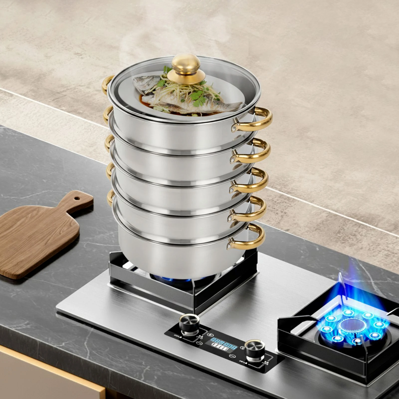 5-Tier Steamer Cooking Pot, Stainless Steel Steamer Pots, Cookware Steaming Pots with Easy-viewing Lid Suitable for Home Kitchens, Restaurants, Etc