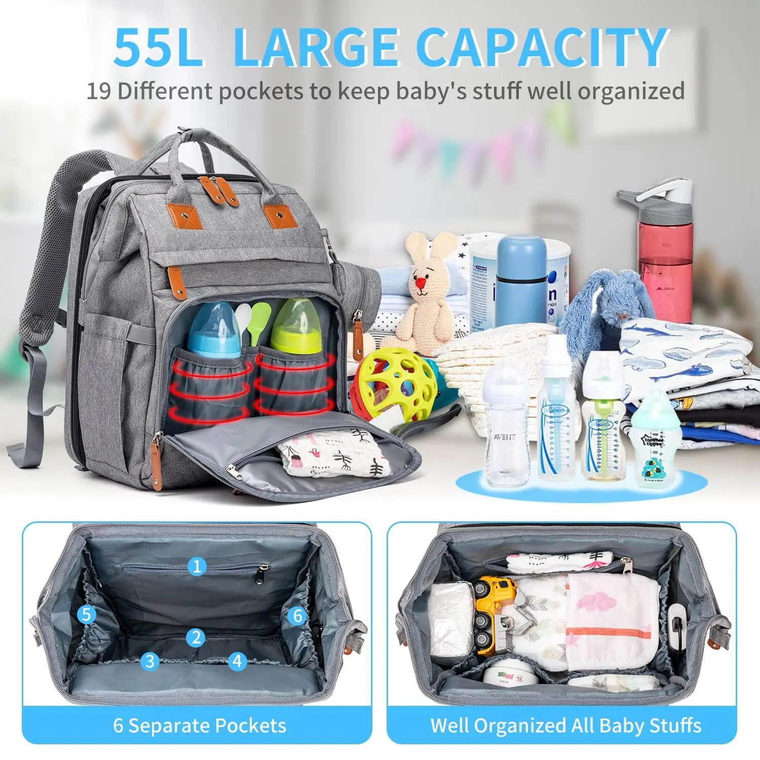 3 In 1 Diaper Bag Backpack Foldable Baby Bed Waterproof Travel Bag with USB Charge Diaper Bag Backpack with Changing Bed 3 Types