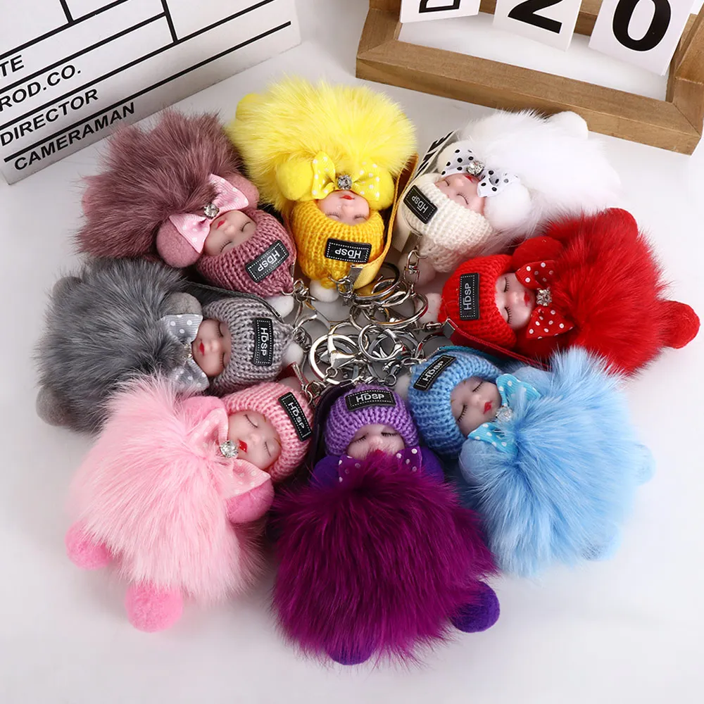 Cute Plush Keychain Sleeping Baby Doll Keychain Plush Kpop Accessories Pompom Keyring Toys For Girls Kawaii Keychain Bag Pendant